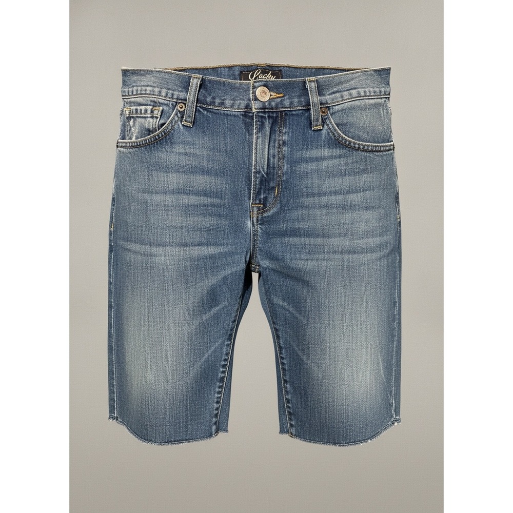 Lucky Brand Zoe Bermuda Denim Shorts Medium Wash Frayed Hem Size 14/32